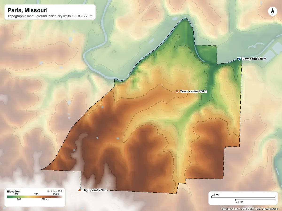 Topographic elevation map of Paris, Missouri, shaded from 630 ft on the northeast side to 770 ft on the southwest side