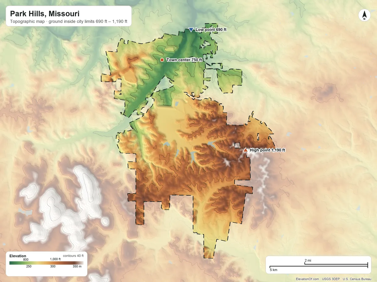 Topographic elevation map of Park Hills, Missouri, shaded from 690 ft on the northeast side to 1,190 ft on the southeast side