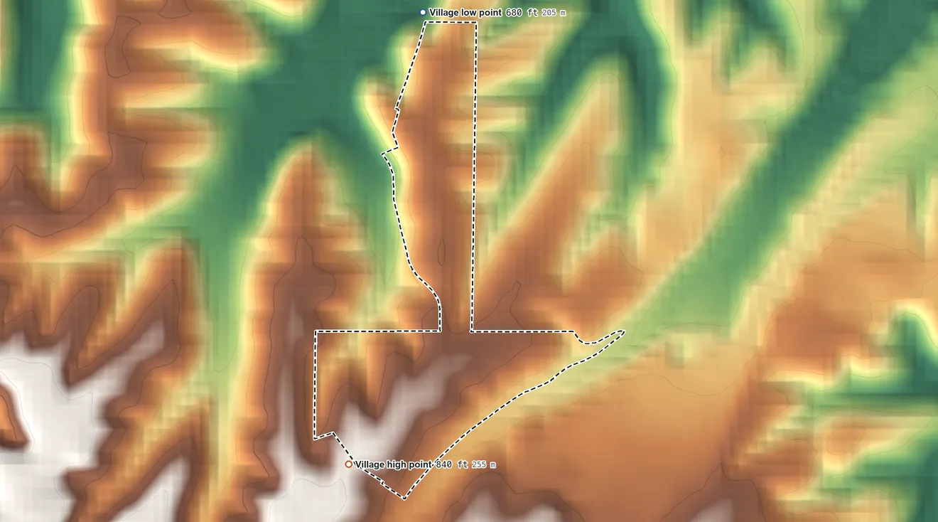 Topographic elevation map of Parkdale, Missouri, shaded from 680 ft on the north side to 840 ft on the south side