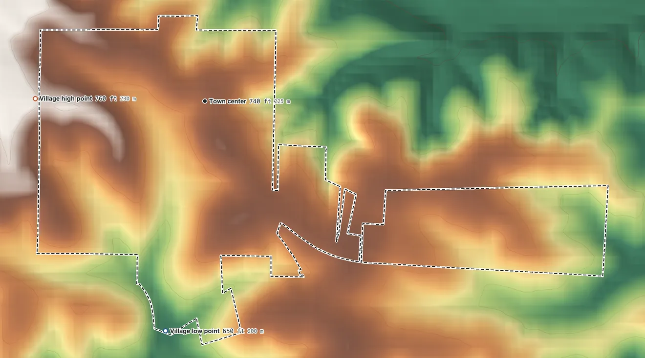 Topographic elevation map of Parkway, Missouri, shaded from 650 ft on the south side to 760 ft on the west side