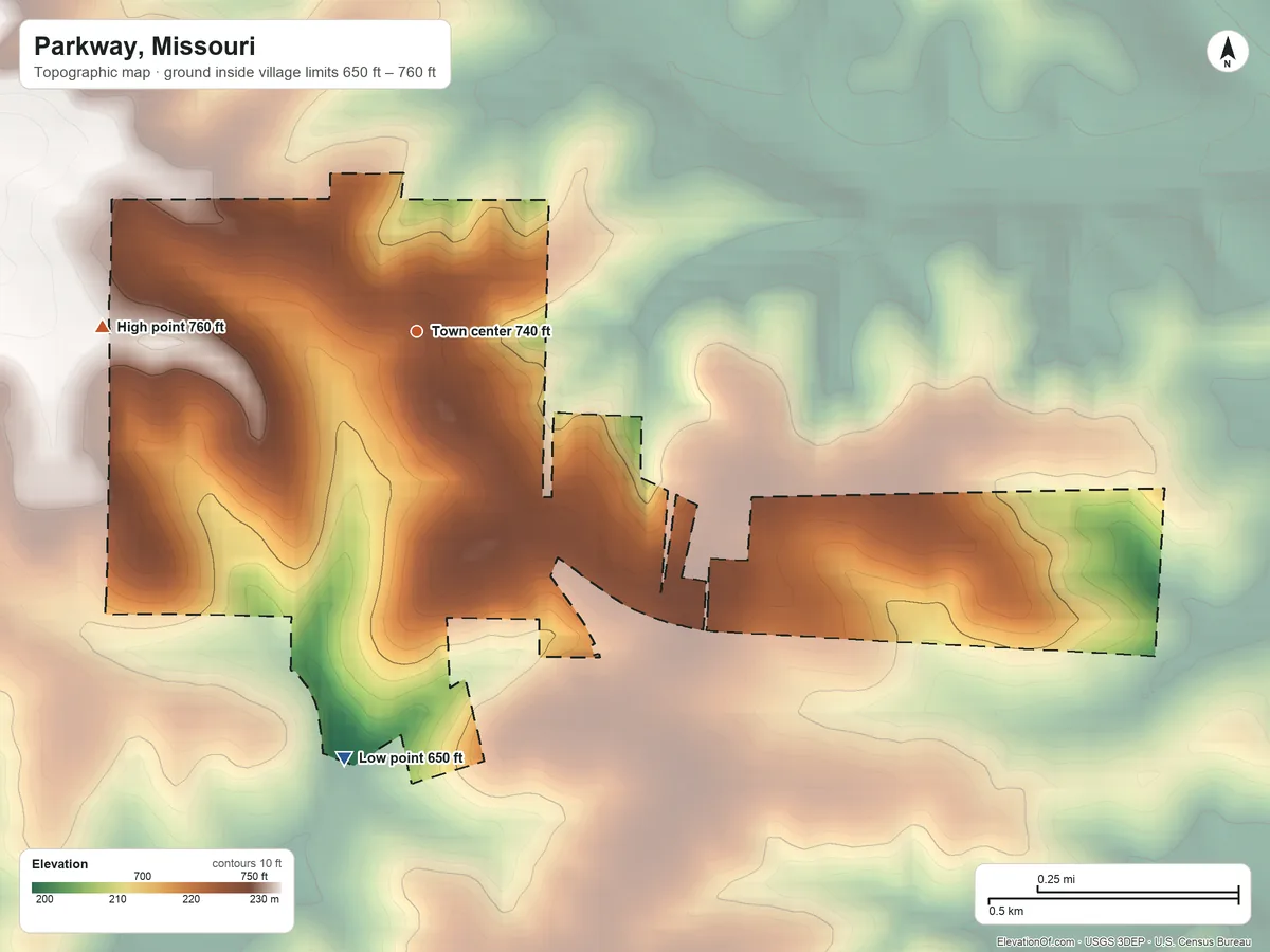 Topographic elevation map of Parkway, Missouri, shaded from 650 ft on the south side to 760 ft on the west side