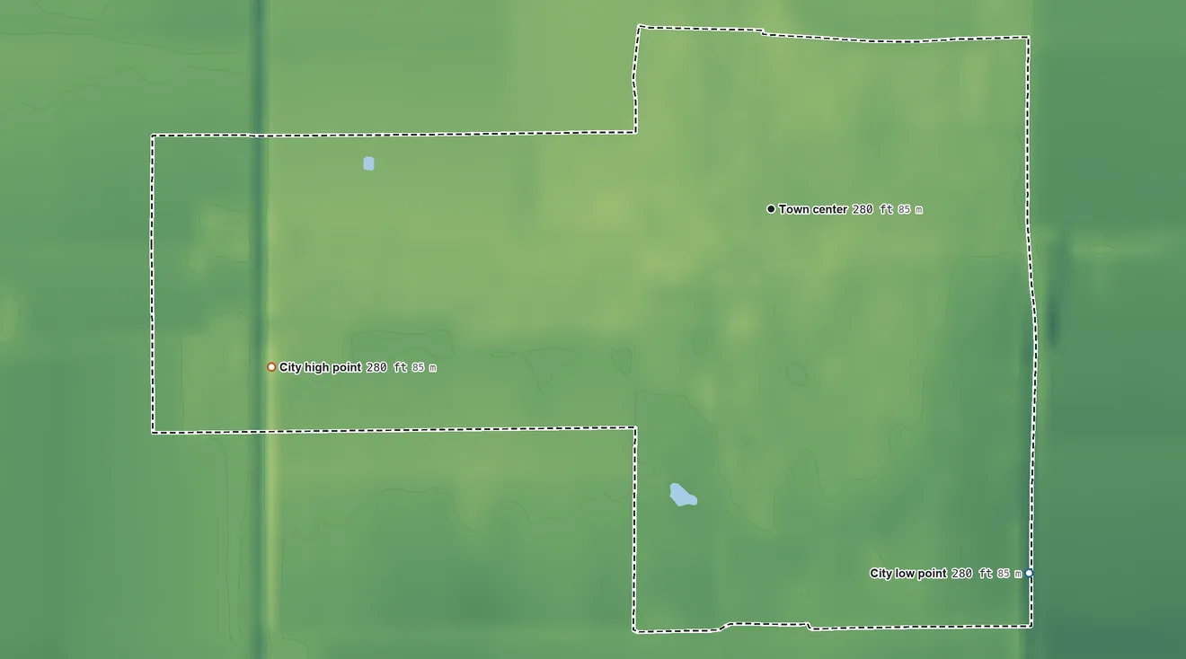 Topographic elevation map of Parma, Missouri, shaded from 280 ft on the southeast side to 280 ft on the west side