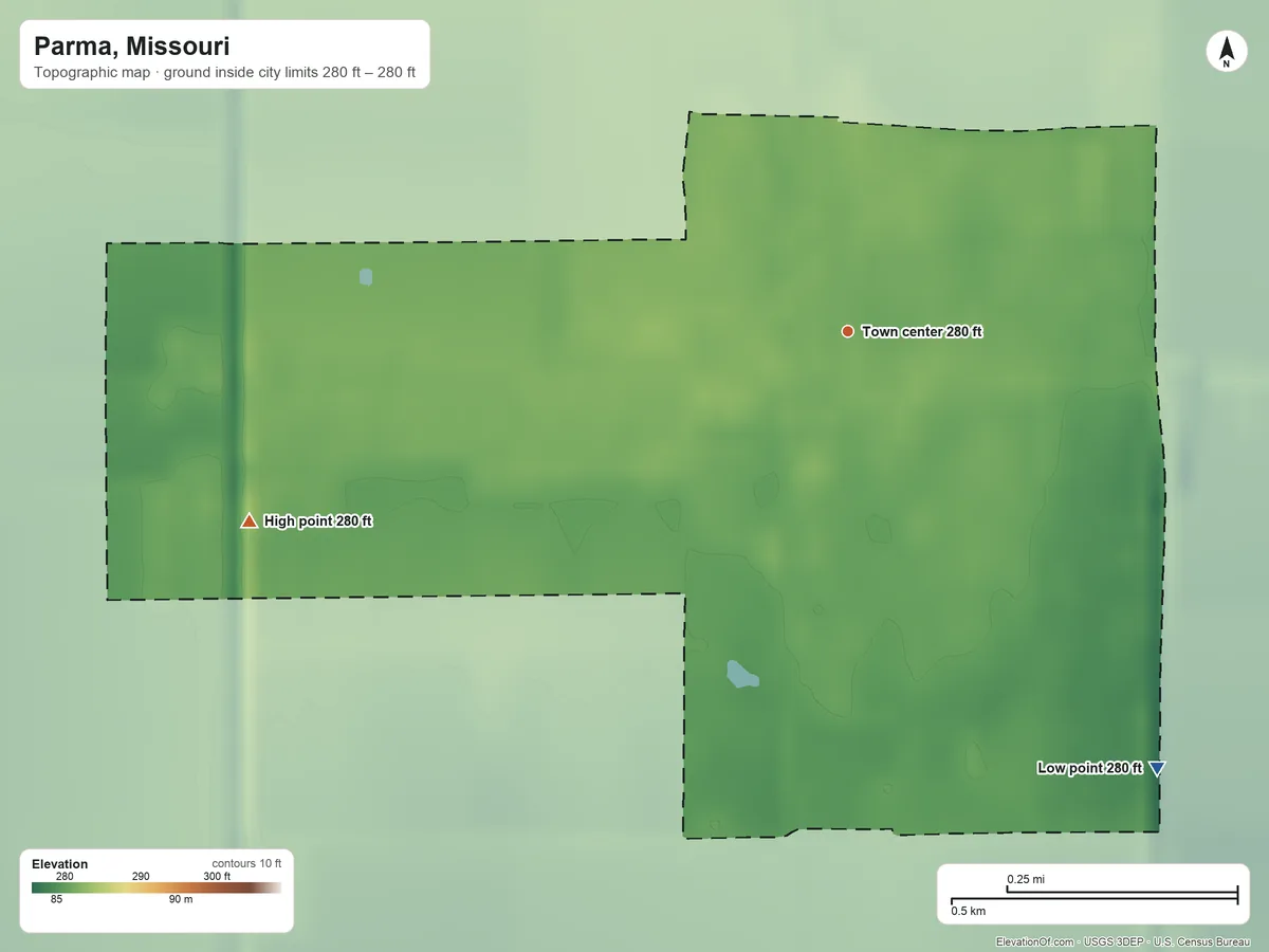 Topographic elevation map of Parma, Missouri, shaded from 280 ft on the southeast side to 280 ft on the west side