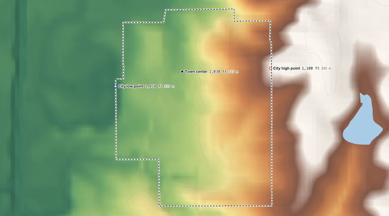 Topographic elevation map of Parnell, Missouri, shaded from 1,010 ft on the west side to 1,100 ft on the east side