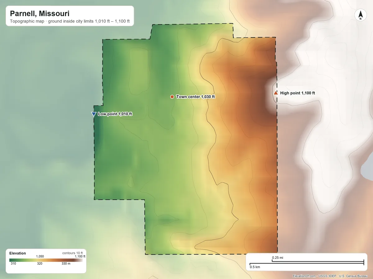 Topographic elevation map of Parnell, Missouri, shaded from 1,010 ft on the west side to 1,100 ft on the east side