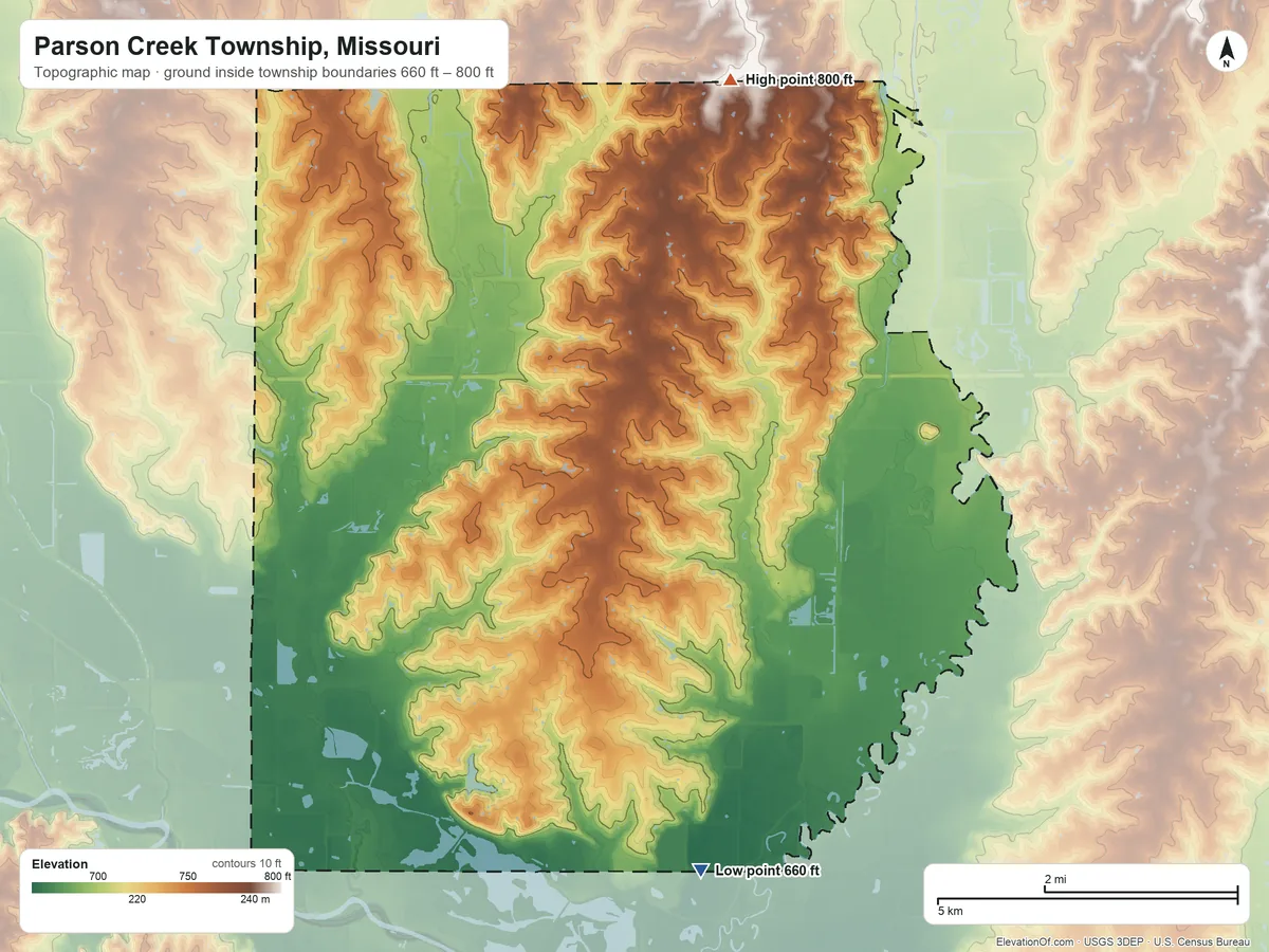 Topographic elevation map of Parson Creek Township, Missouri, shaded from 660 ft on the south side to 800 ft on the northeast side