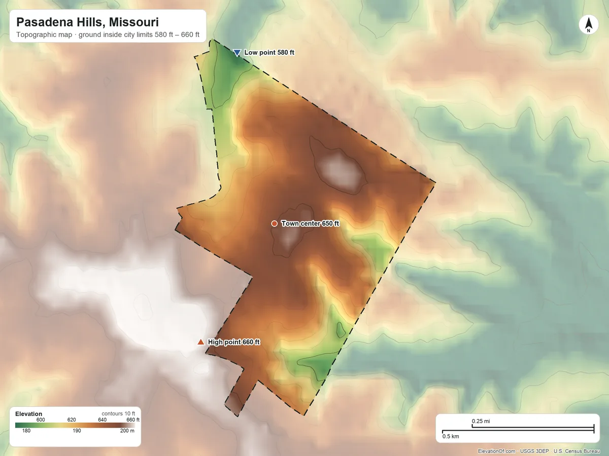 Topographic elevation map of Pasadena Hills, Missouri, shaded from 580 ft on the north side to 660 ft on the southwest side