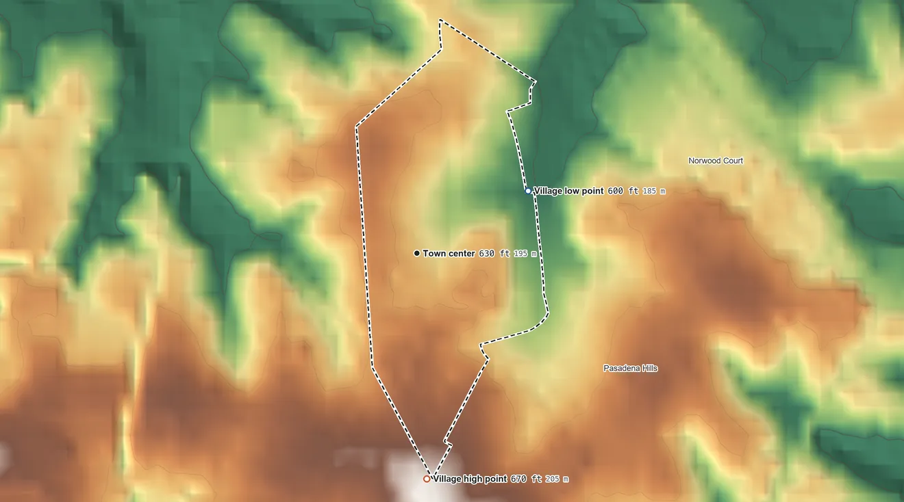 Topographic elevation map of Pasadena Park, Missouri, shaded from 600 ft on the northeast side to 670 ft on the south side