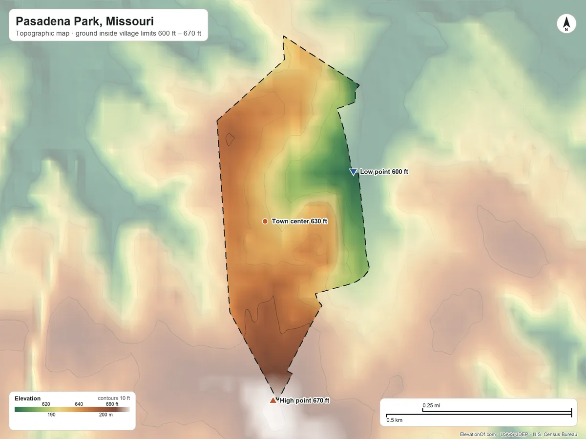 Topographic elevation map of Pasadena Park, Missouri, shaded from 600 ft on the northeast side to 670 ft on the south side