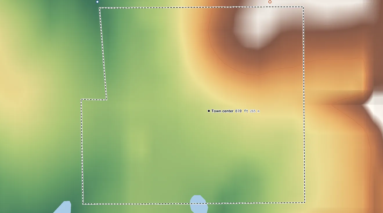 Topographic elevation map of Passaic, Missouri, shaded from 860 ft on the northwest side to 890 ft on the northeast side