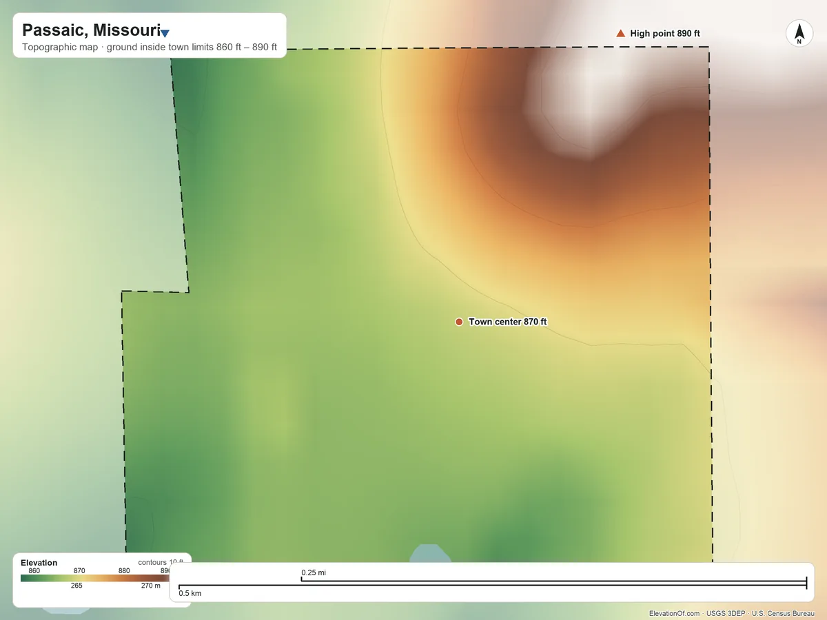 Topographic elevation map of Passaic, Missouri, shaded from 860 ft on the northwest side to 890 ft on the northeast side