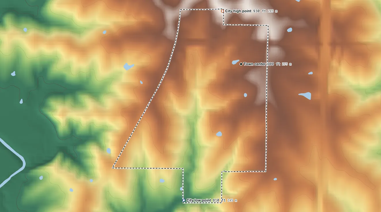 Topographic elevation map of Pattonsburg, Missouri, shaded from 810 ft on the southwest side to 930 ft on the north side
