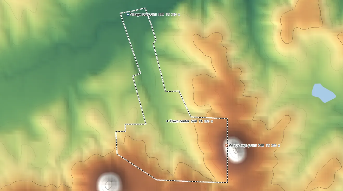 Topographic elevation map of Paynesville, Missouri, shaded from 480 ft on the north side to 740 ft on the east side