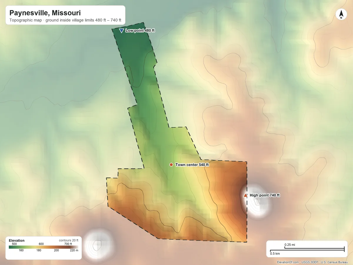 Topographic elevation map of Paynesville, Missouri, shaded from 480 ft on the north side to 740 ft on the east side