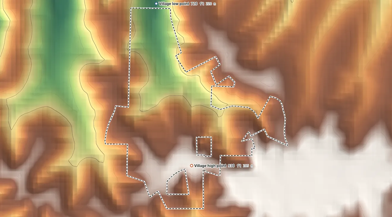 Topographic elevation map of Peaceful Village, Missouri, shaded from 720 ft on the north side to 930 ft on the south side