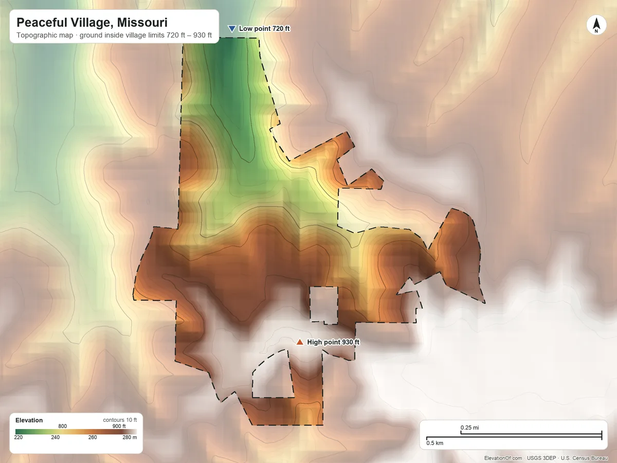 Topographic elevation map of Peaceful Village, Missouri, shaded from 720 ft on the north side to 930 ft on the south side