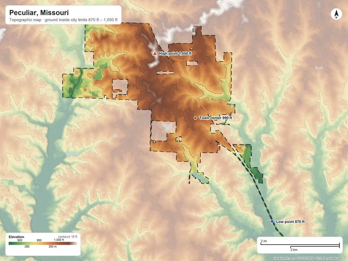 Topographic elevation map of Peculiar, Missouri, shaded from 870 ft on the southeast side to 1,050 ft on the northwest side