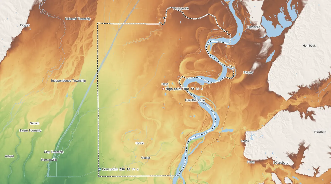 Topographic elevation map of Pemiscot County, Missouri, shaded from 230 ft on the southwest side to 300 ft near the middle