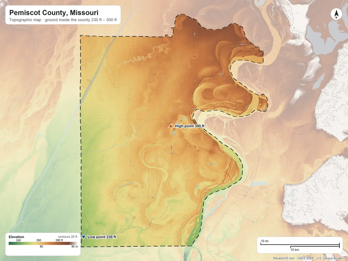 Topographic elevation map of Pemiscot County, Missouri, shaded from 230 ft on the southwest side to 300 ft near the middle