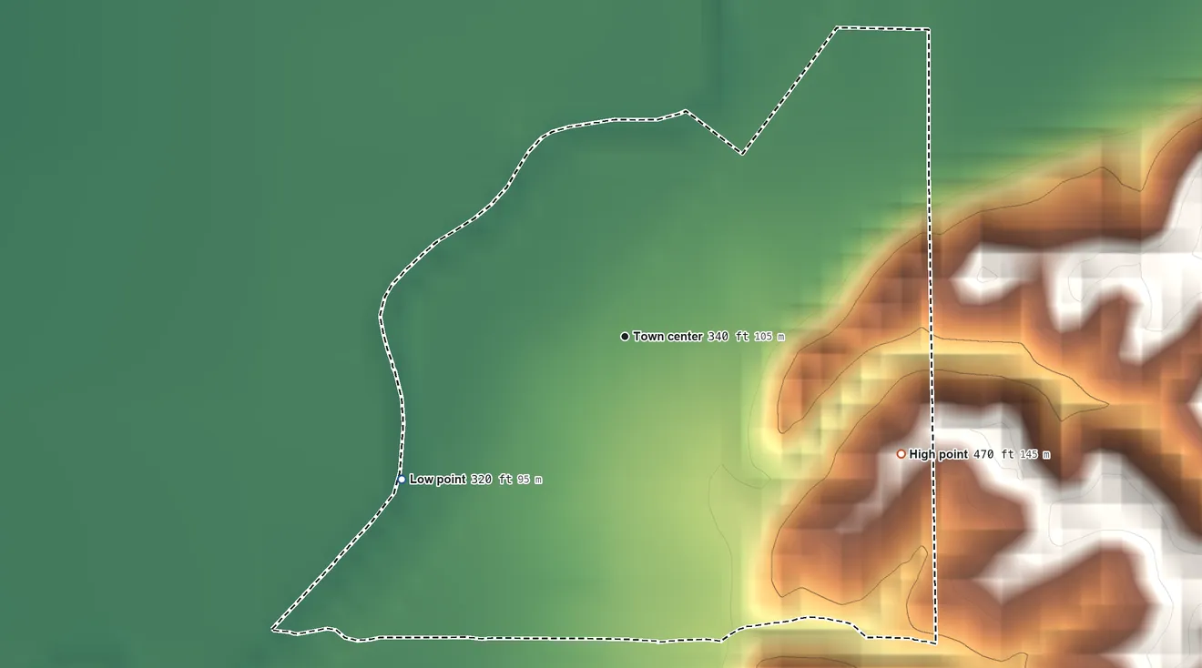 Topographic elevation map of Perkins, Missouri, shaded from 320 ft on the southwest side to 470 ft on the southeast side