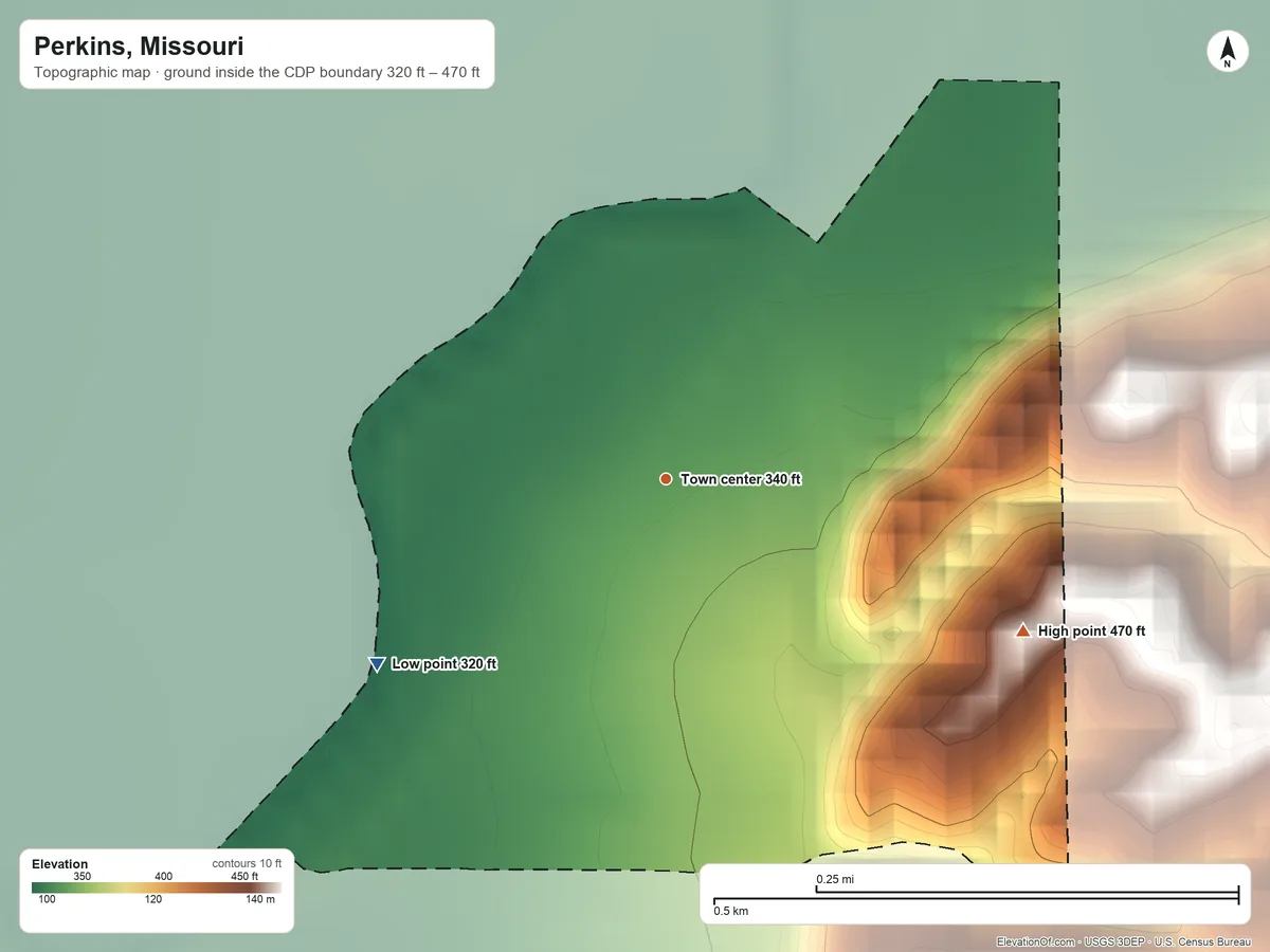 Topographic elevation map of Perkins, Missouri, shaded from 320 ft on the southwest side to 470 ft on the southeast side
