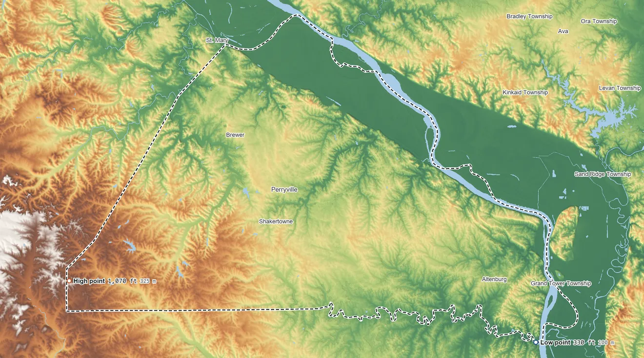 Topographic elevation map of Perry County, Missouri, shaded from 330 ft on the southeast side to 1,070 ft on the west side