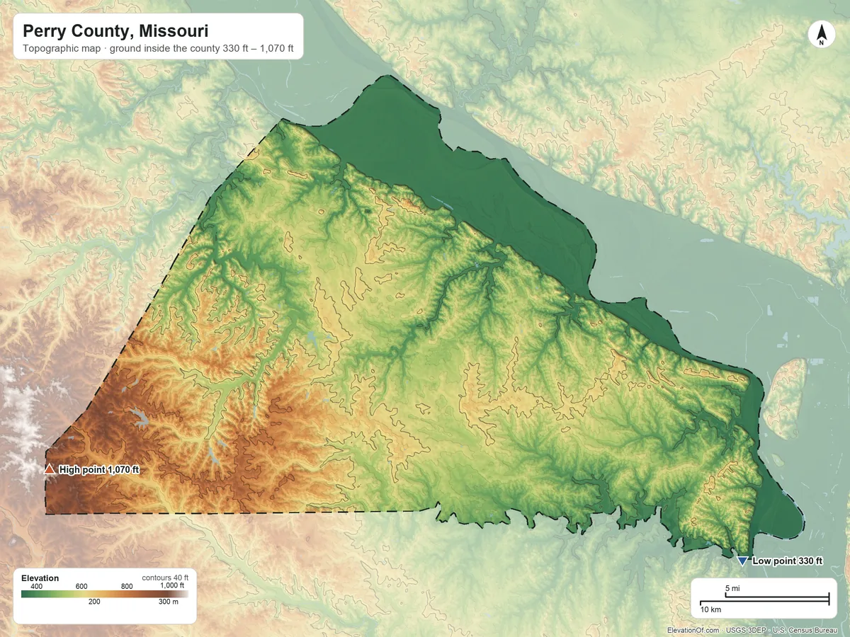 Topographic elevation map of Perry County, Missouri, shaded from 330 ft on the southeast side to 1,070 ft on the west side
