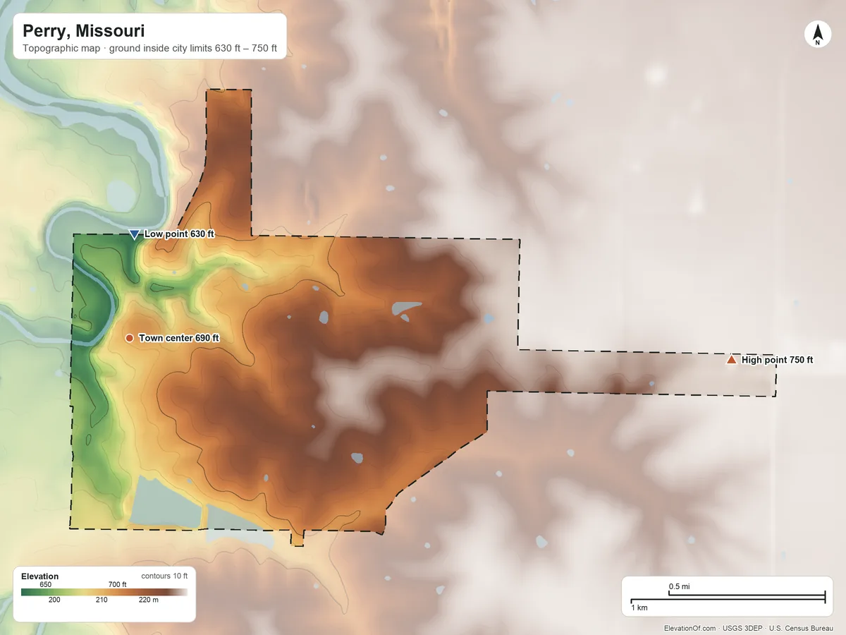 Topographic elevation map of Perry, Missouri, shaded from 630 ft on the north side to 750 ft on the east side