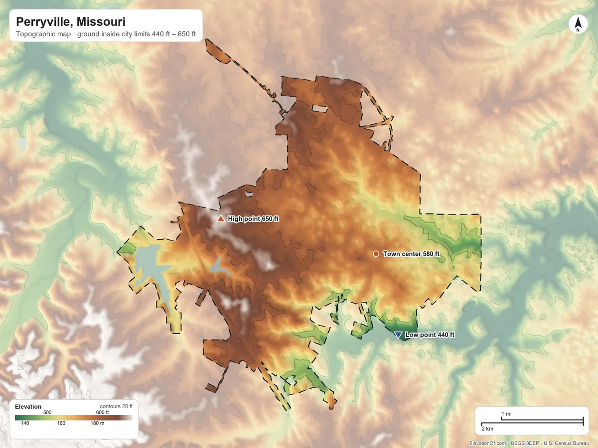 Topographic elevation map of Perryville, Missouri, shaded from 440 ft on the south side to 650 ft on the west side