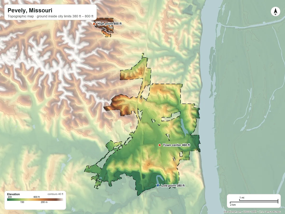Topographic elevation map of Pevely, Missouri, shaded from 380 ft on the south side to 800 ft on the northwest side
