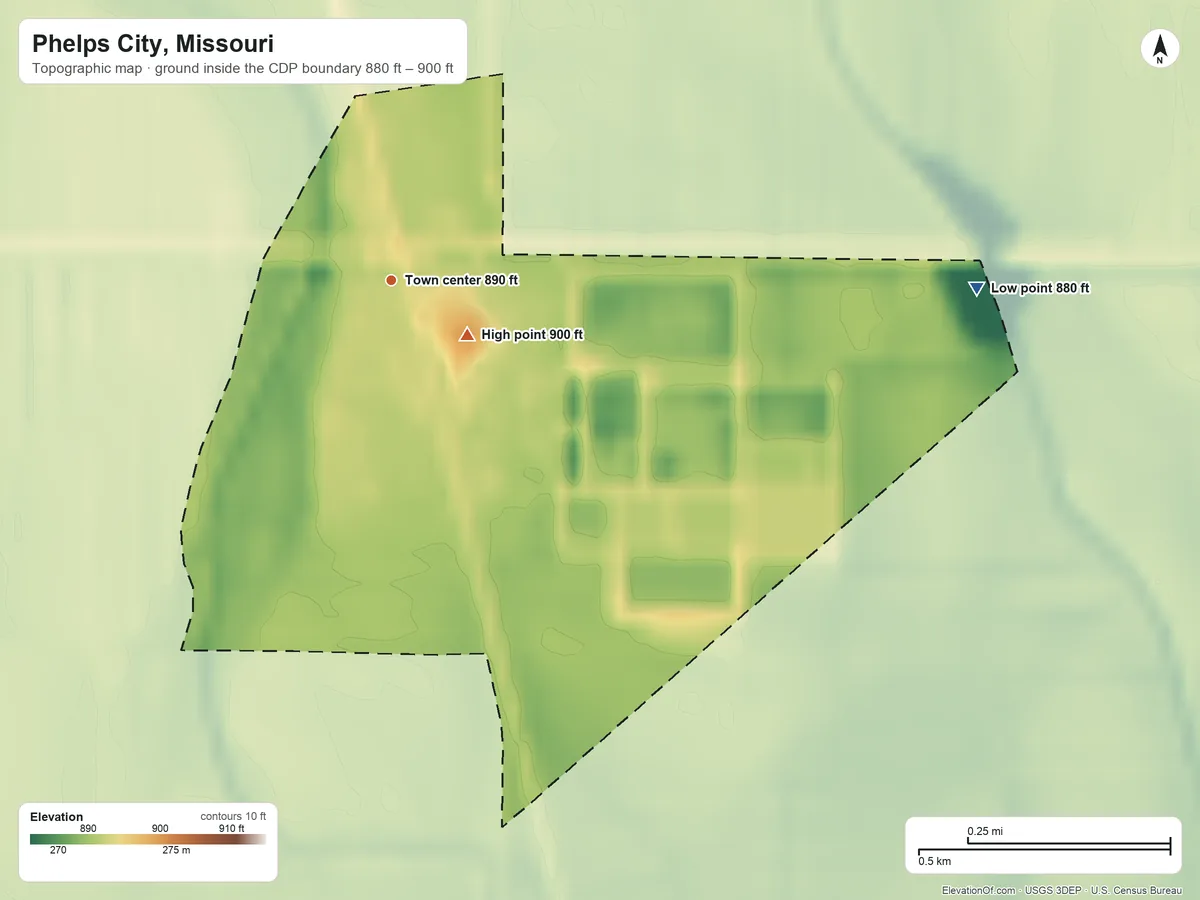 Topographic elevation map of Phelps City, Missouri, shaded from 880 ft on the east side to 900 ft near the middle