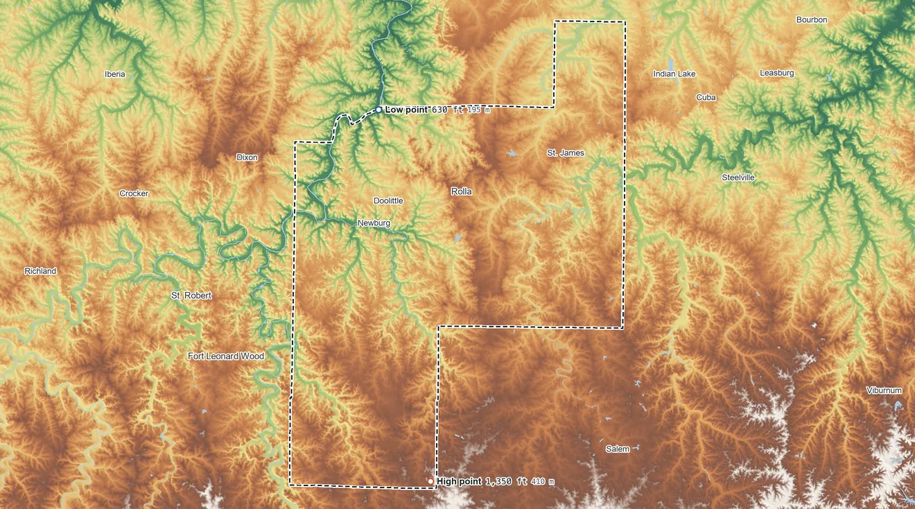 Topographic elevation map of Phelps County, Missouri, shaded from 630 ft on the northwest side to 1,350 ft on the south side