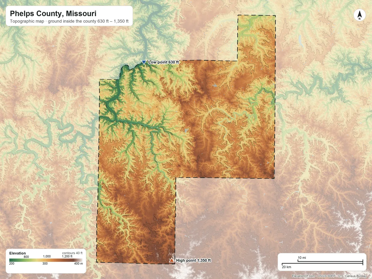 Topographic elevation map of Phelps County, Missouri, shaded from 630 ft on the northwest side to 1,350 ft on the south side