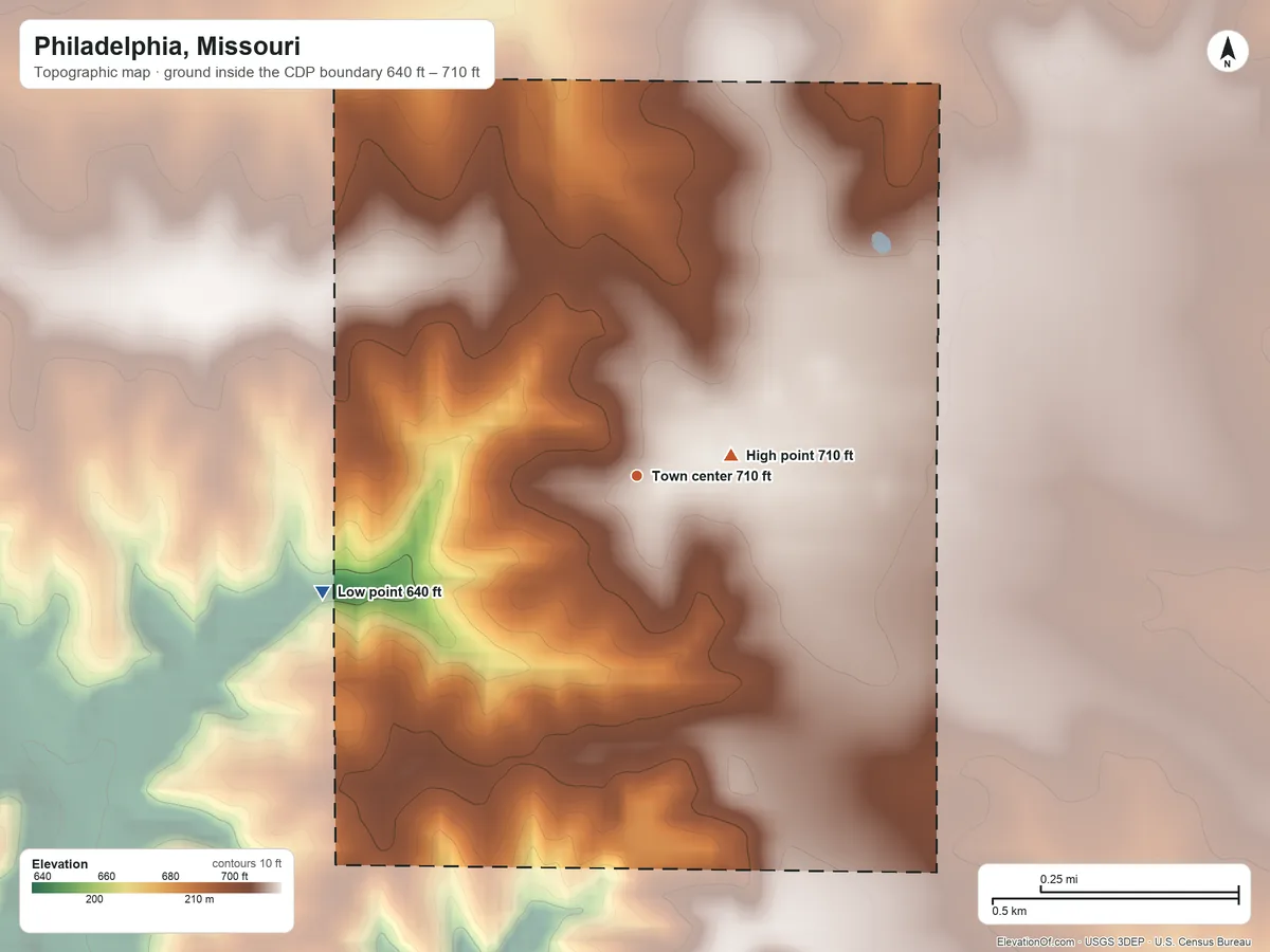 Topographic elevation map of Philadelphia, Missouri, shaded from 640 ft on the west side to 710 ft near the middle