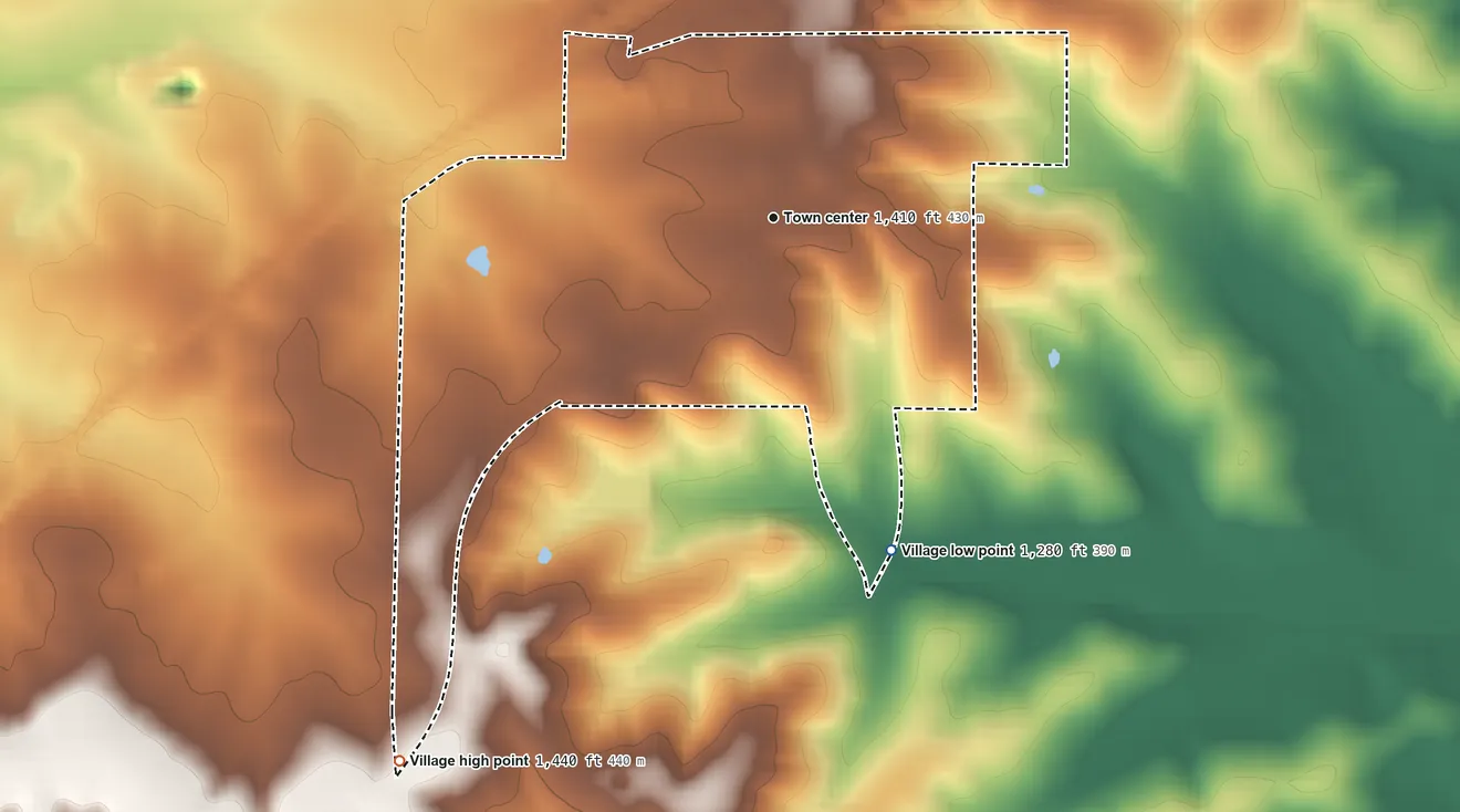 Topographic elevation map of Phillipsburg, Missouri, shaded from 1,280 ft on the south side to 1,440 ft on the southwest side