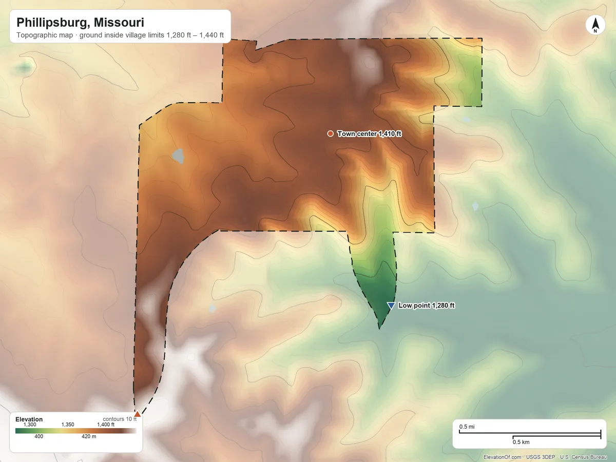 Topographic elevation map of Phillipsburg, Missouri, shaded from 1,280 ft on the south side to 1,440 ft on the southwest side