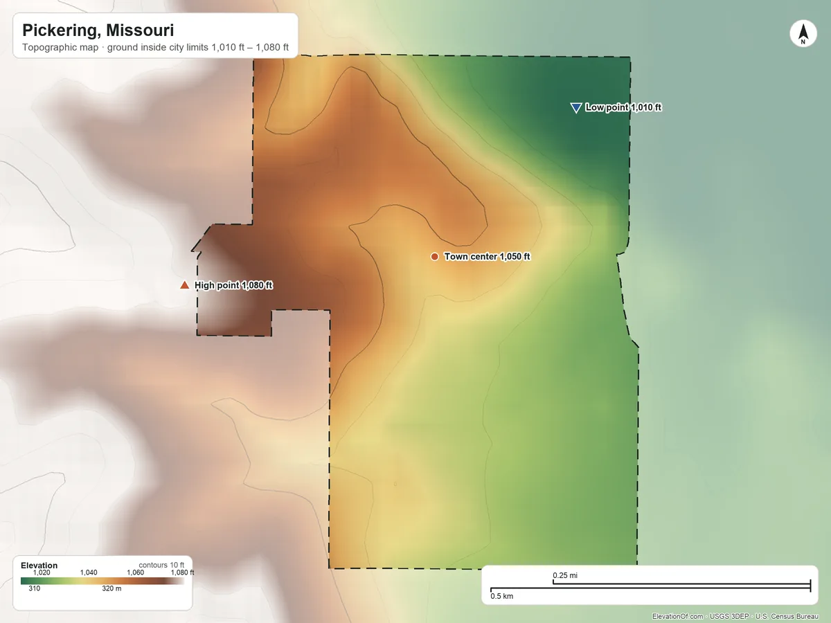 Topographic elevation map of Pickering, Missouri, shaded from 1,010 ft on the northeast side to 1,080 ft on the west side