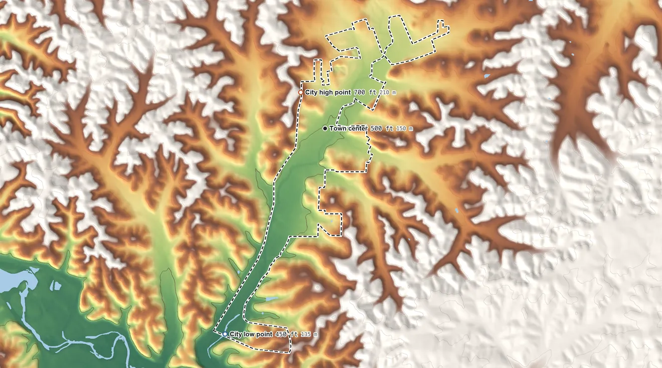 Topographic elevation map of Piedmont, Missouri, shaded from 450 ft on the southwest side to 700 ft on the northwest side