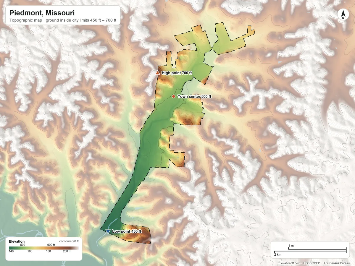 Topographic elevation map of Piedmont, Missouri, shaded from 450 ft on the southwest side to 700 ft on the northwest side