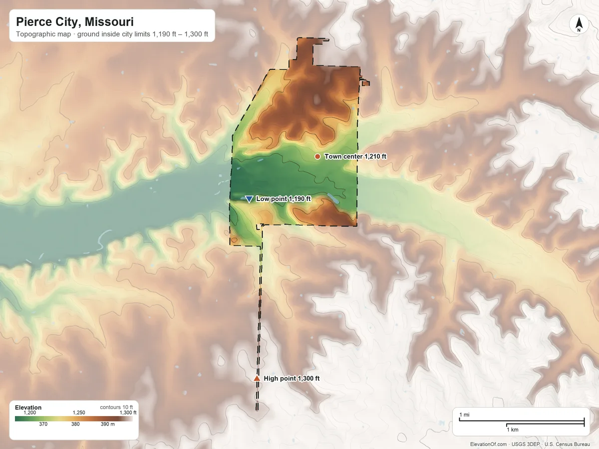 Topographic elevation map of Pierce City, Missouri, shaded from 1,190 ft on the southwest side to 1,300 ft on the south side