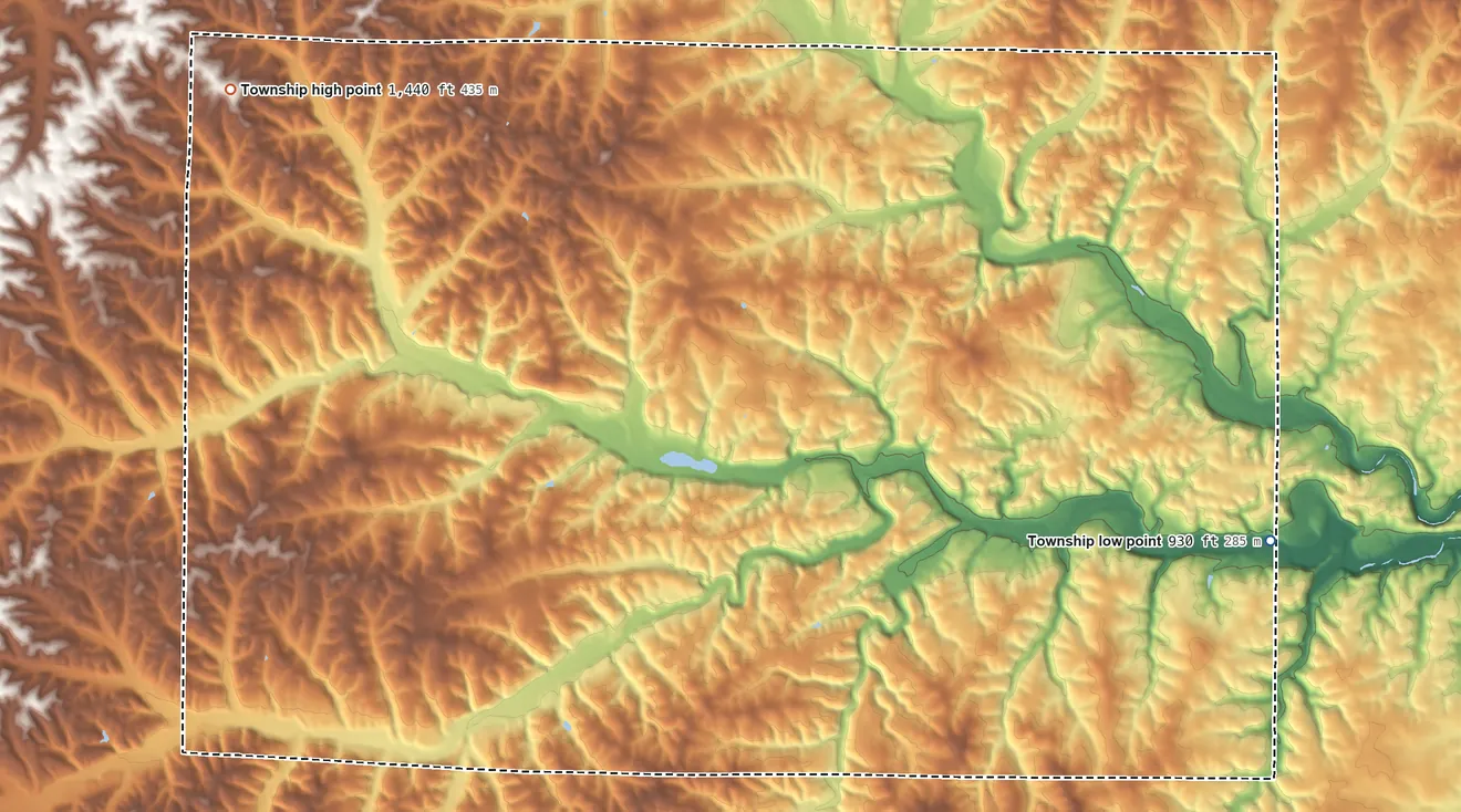 Topographic elevation map of Pierce Township, Missouri, shaded from 930 ft on the east side to 1,440 ft on the northwest side
