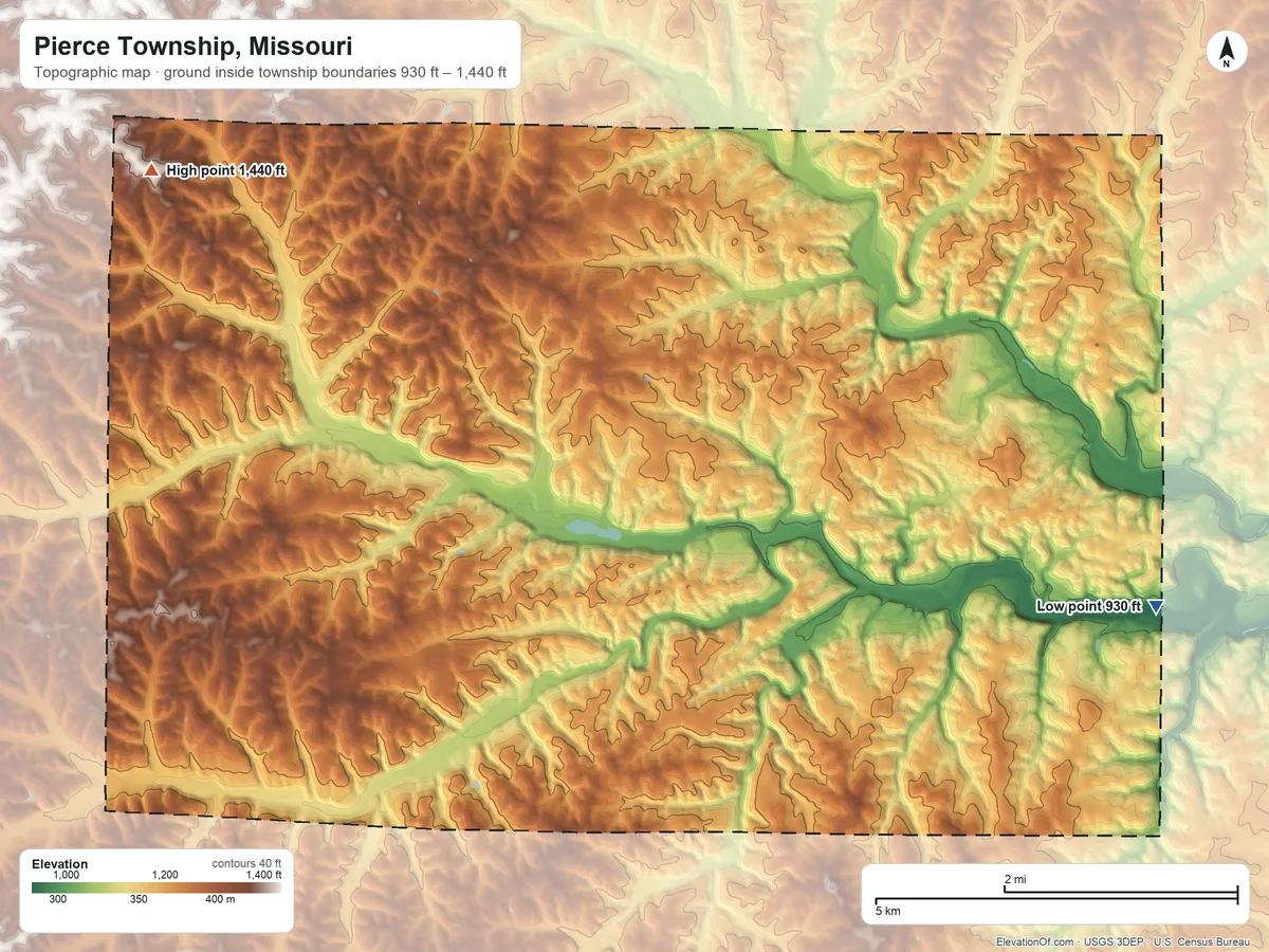 Topographic elevation map of Pierce Township, Missouri, shaded from 930 ft on the east side to 1,440 ft on the northwest side