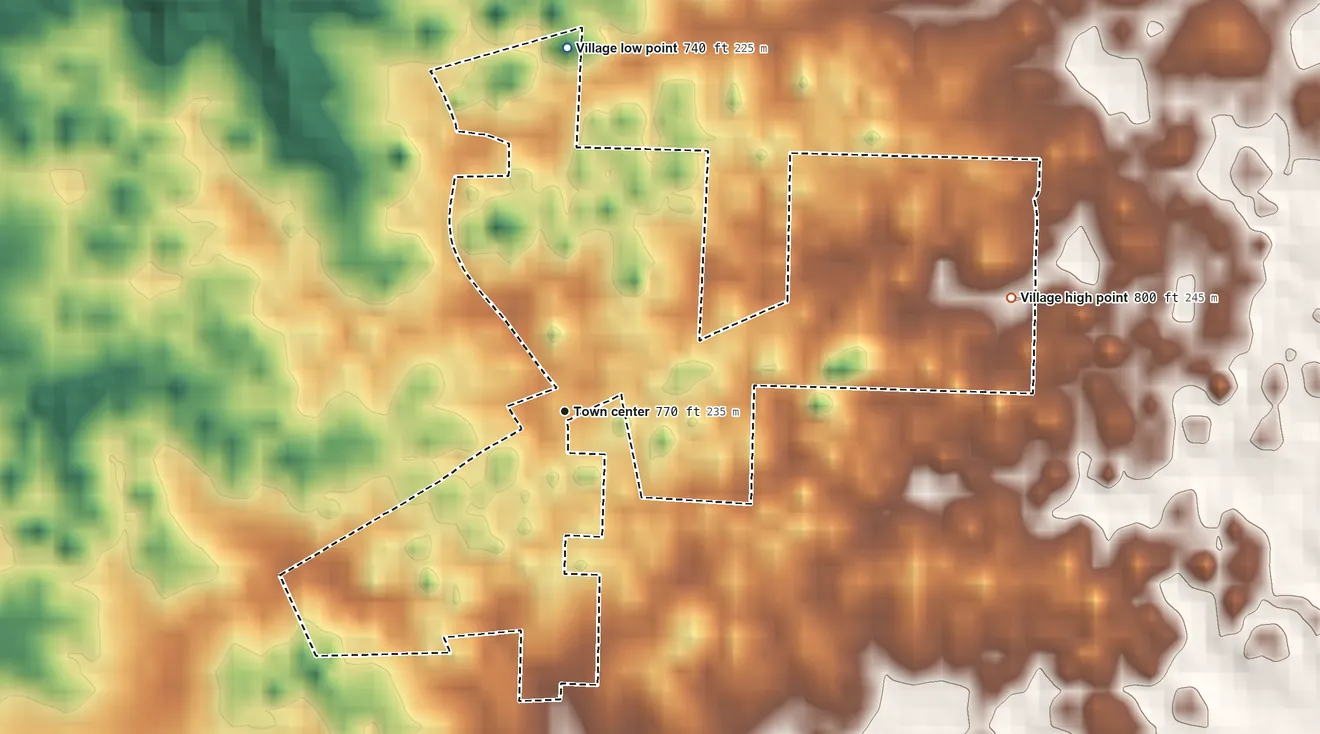 Topographic elevation map of Pierpont, Missouri, shaded from 740 ft on the north side to 800 ft on the east side