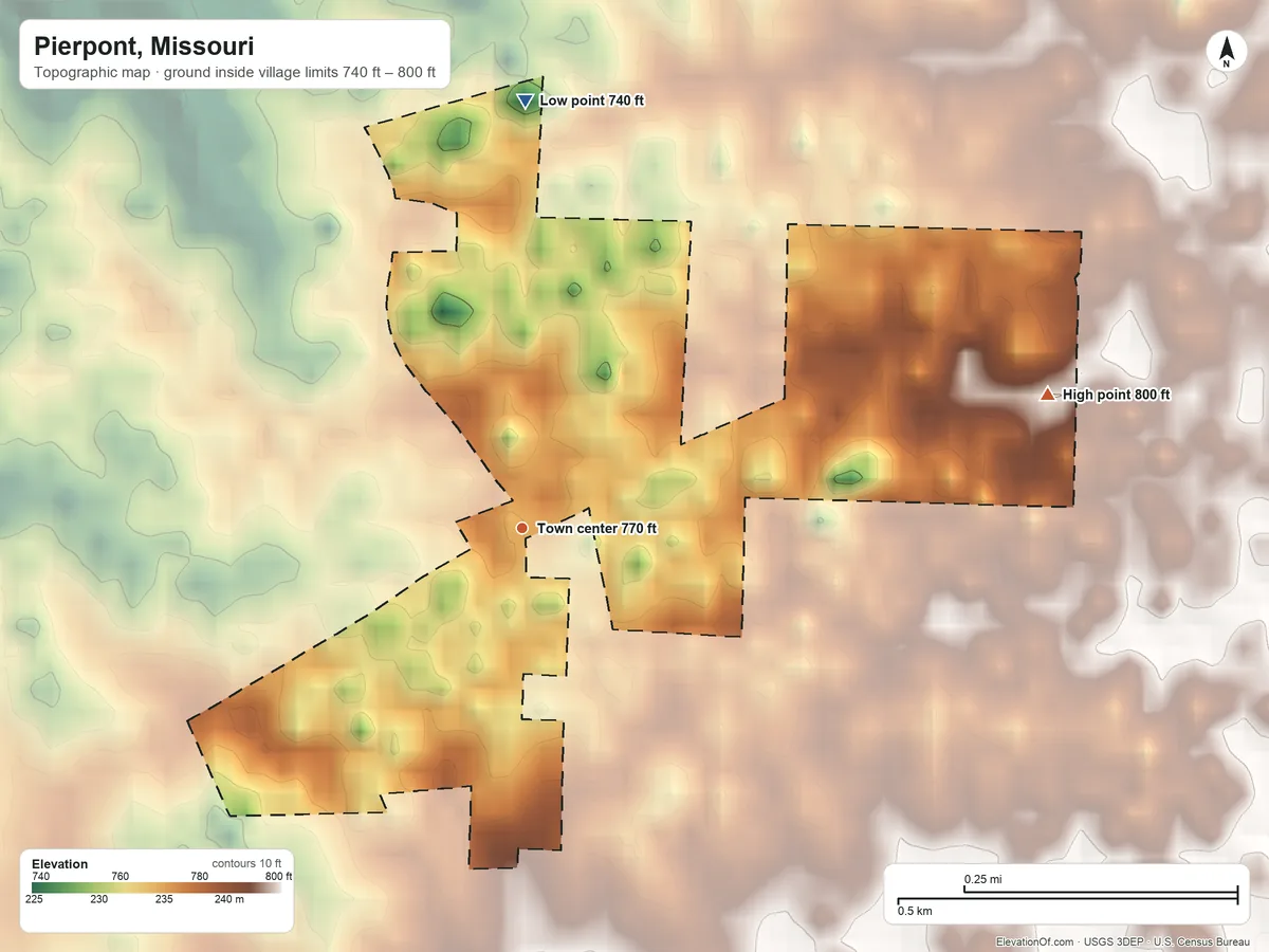 Topographic elevation map of Pierpont, Missouri, shaded from 740 ft on the north side to 800 ft on the east side
