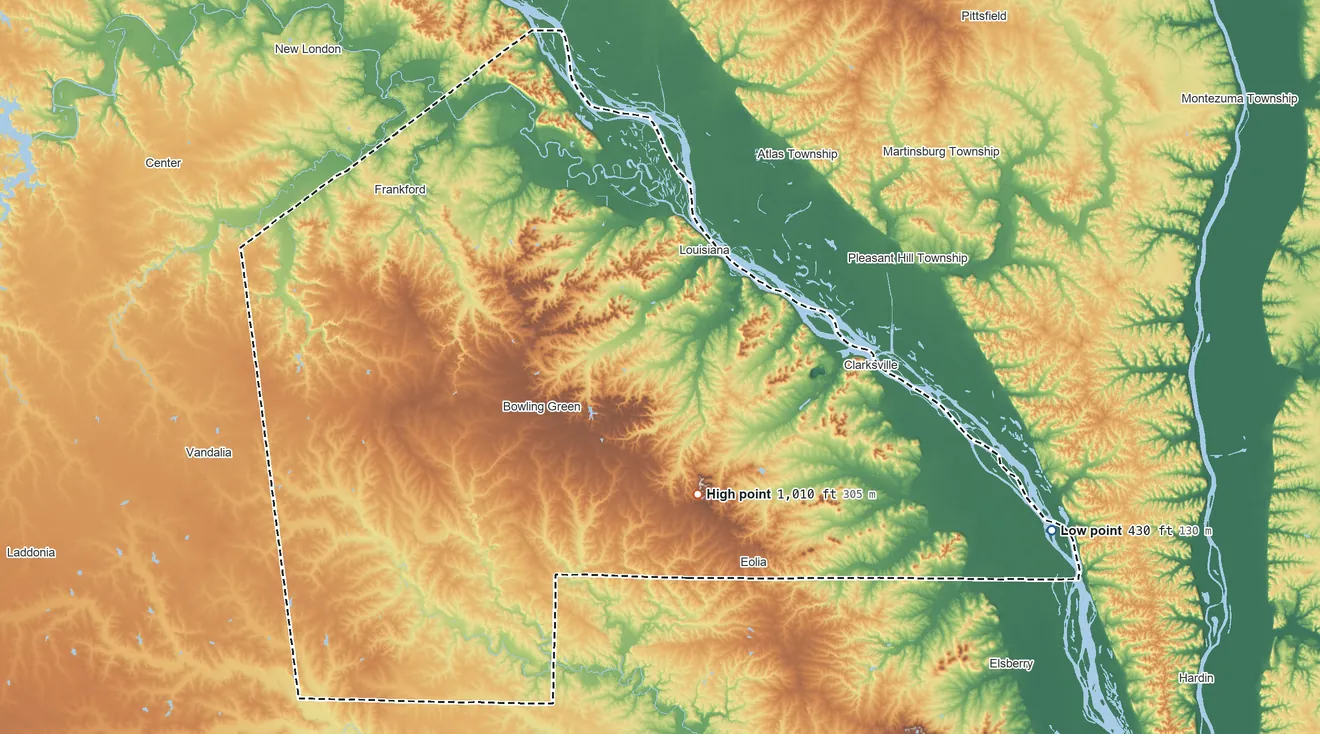 Topographic elevation map of Pike County, Missouri, shaded from 430 ft on the east side to 1,010 ft on Buffalo Knob