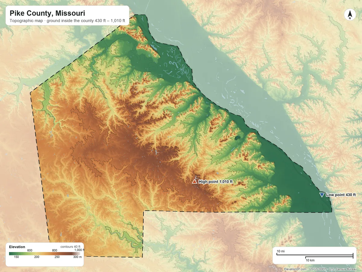 Topographic elevation map of Pike County, Missouri, shaded from 430 ft on the east side to 1,010 ft on Buffalo Knob