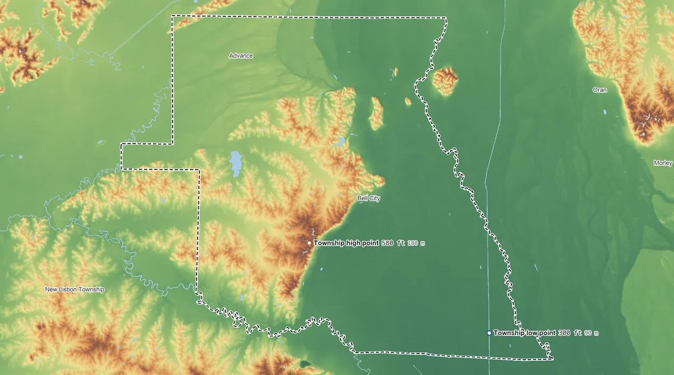 Topographic elevation map of Pike Township, Missouri, shaded from 300 ft on the southeast side to 580 ft on the south side