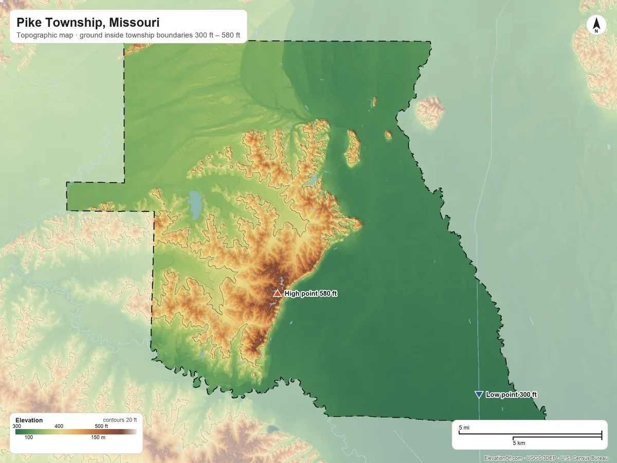 Topographic elevation map of Pike Township, Missouri, shaded from 300 ft on the southeast side to 580 ft on the south side