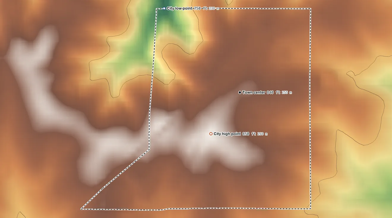 Topographic elevation map of Pilot Grove, Missouri, shaded from 750 ft on the northwest side to 850 ft on the southwest side
