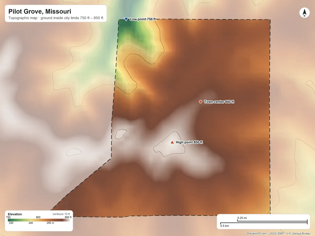 Topographic elevation map of Pilot Grove, Missouri, shaded from 750 ft on the northwest side to 850 ft on the southwest side